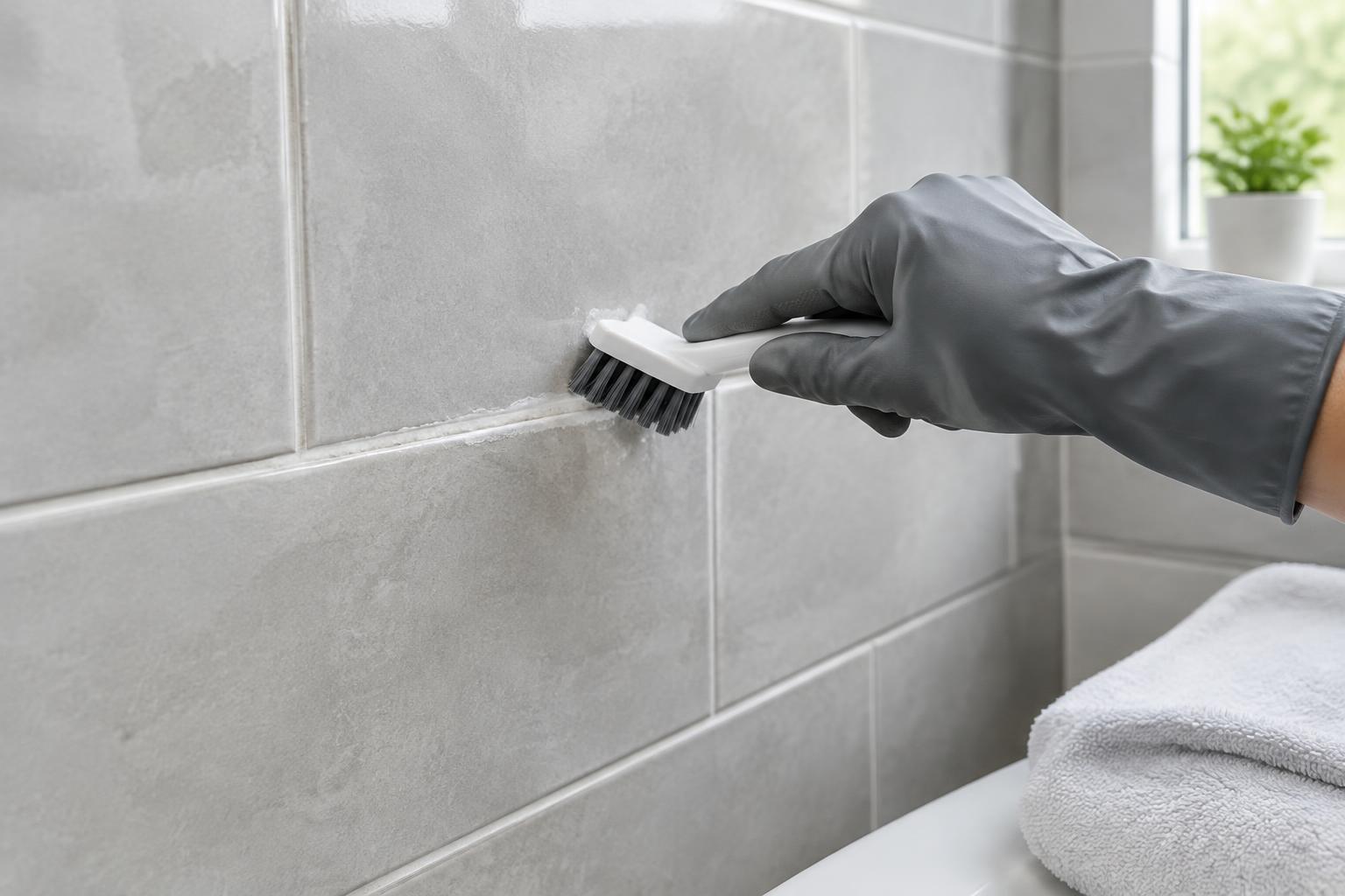 Illustrative grout preparation with a gloved hand cleaning a tile joint