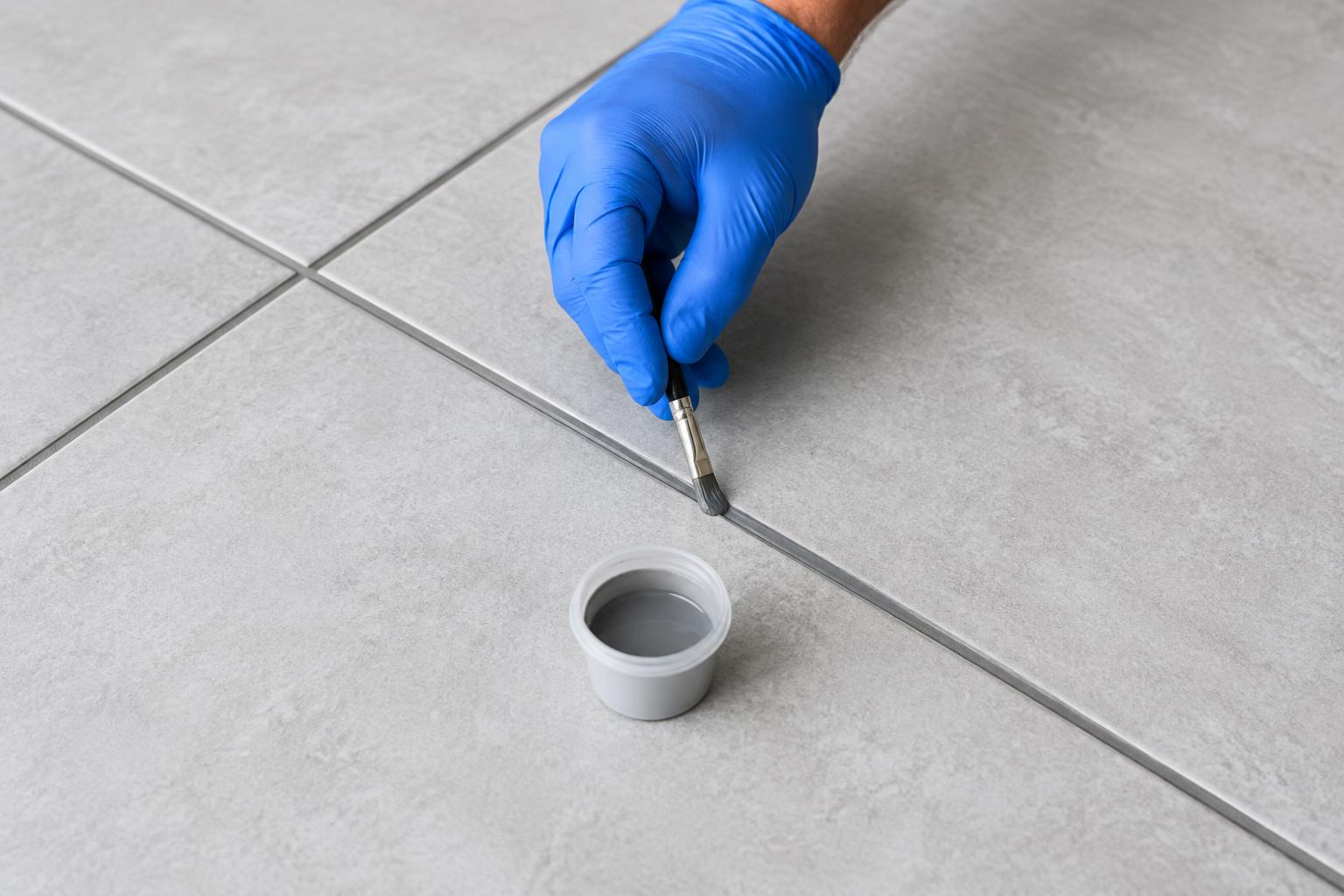Illustrative grout staining with a gloved hand brushing gray colorant onto a tile joint
