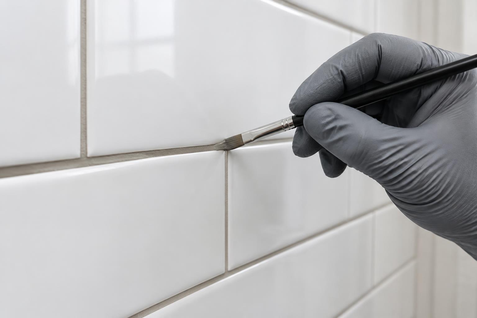 Illustrative grout staining with a gloved hand brushing colorant along a white wall tile joint