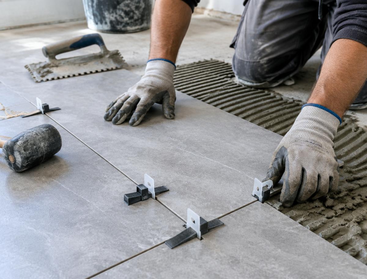 Tile craftsman setting floor tile during a bathroom remodel in Arlington, TX