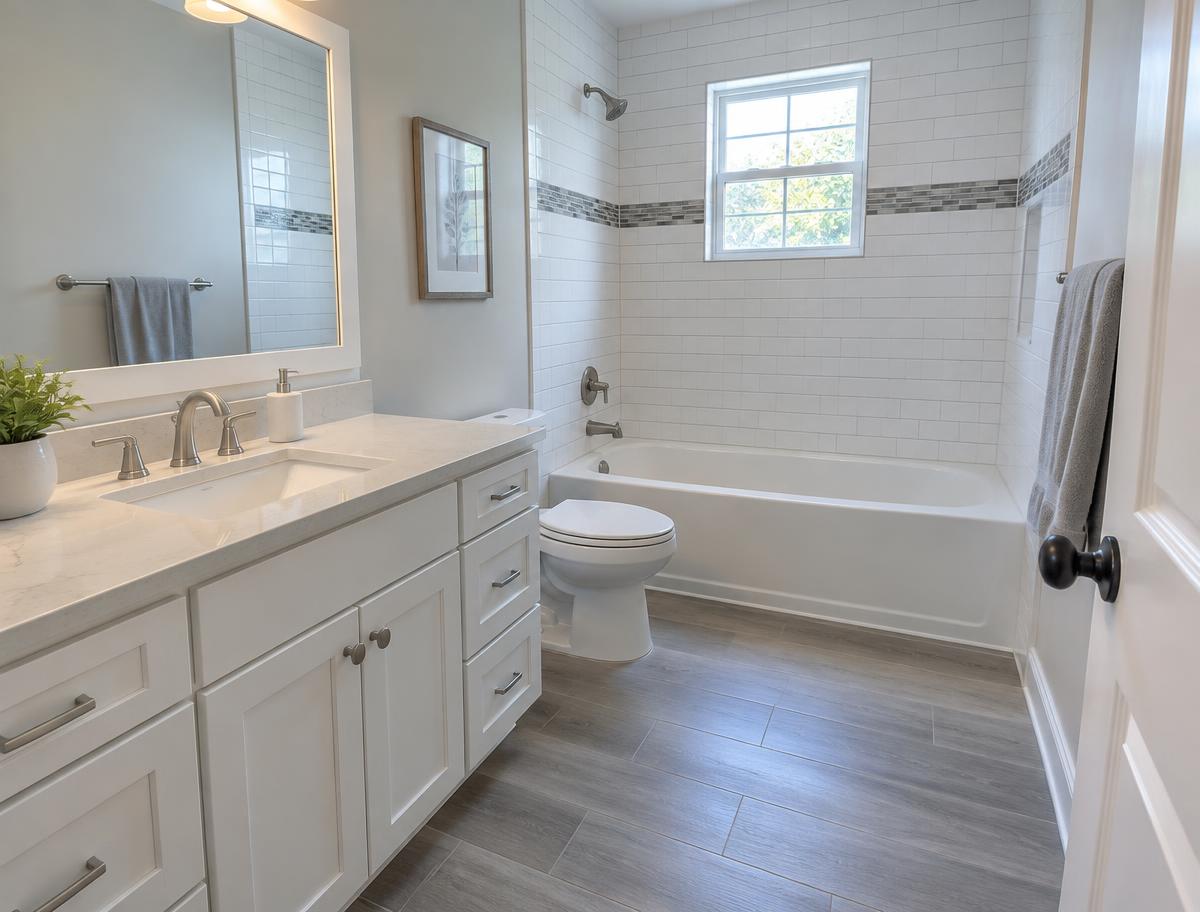 Finished tiled bathroom remodel by Masterpiece Tile and Grout in Arlington, TX